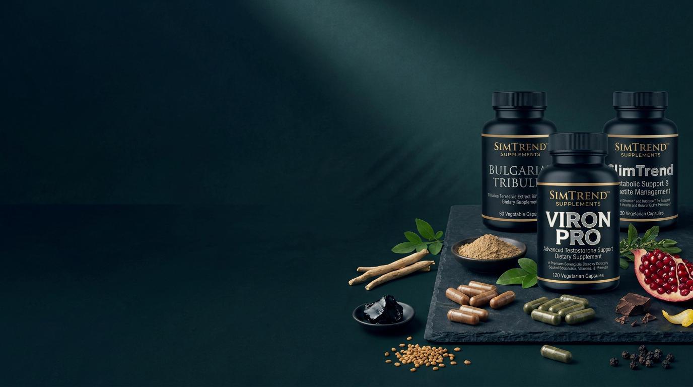 SimTrend VIRON PRO, SlimTrend and Bulgarian Tribulus bottles on a slate board with botanicals and capsules
