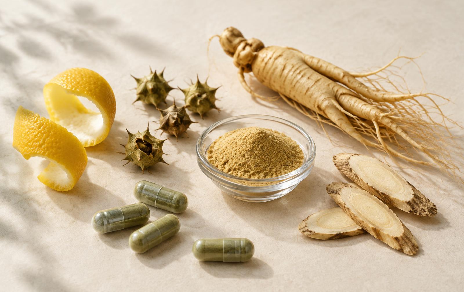 Lemon peel, tribulus fruit, ginseng and astragalus roots, powder and capsules