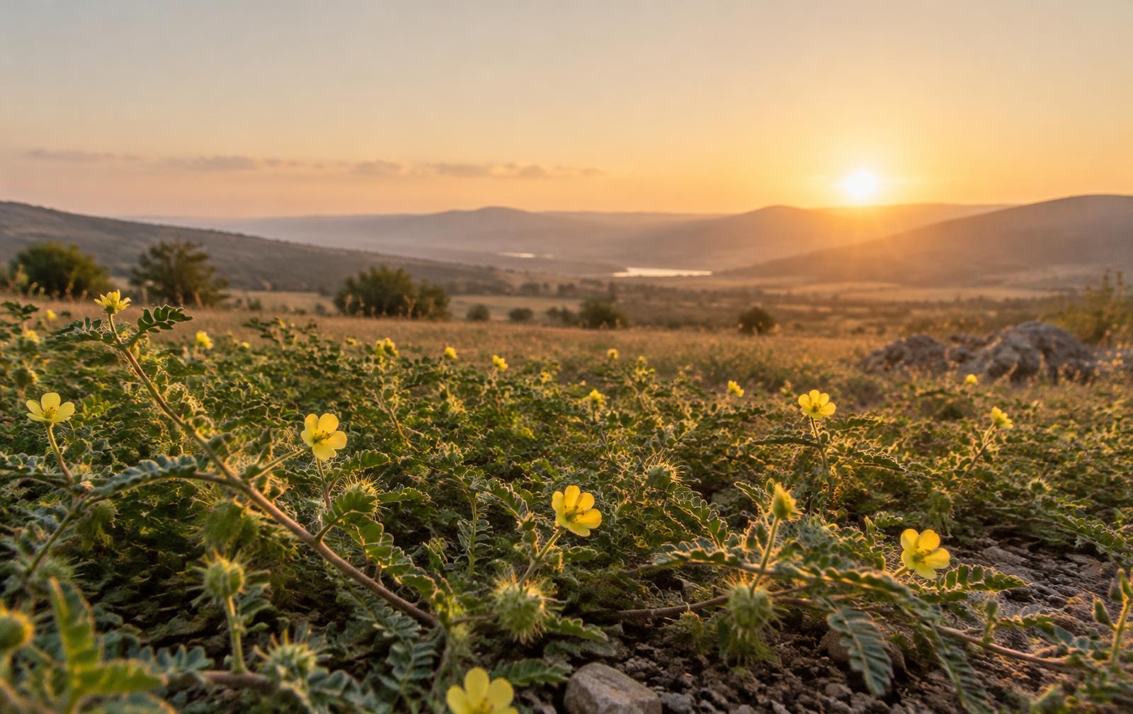 Tribulus plants flowering in a Bulgarian field at golden hour